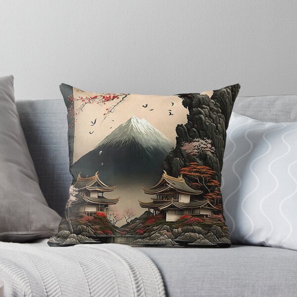 Item preview, Japanese Landscape #2, Digital Art, Wall Art, Japanese vertical print, Pagodas Cherry Blossoms and Mt Fuji, Japanese ink brush, Digital Download, Home Decor, Printable designed and sold by CreativArtifice.