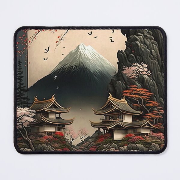 Item preview, Japanese Landscape #2, Digital Art, Wall Art, Japanese vertical print, Pagodas Cherry Blossoms and Mt Fuji, Japanese ink brush, Digital Download, Home Decor, Printable designed and sold by CreativArtifice.