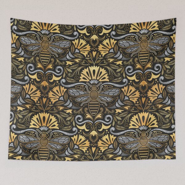 Item preview, Queen bee garden // normal scale // black background ornamental extravagant gold cord embroidery passementerie style inspiration designed and sold by SelmaCardoso.