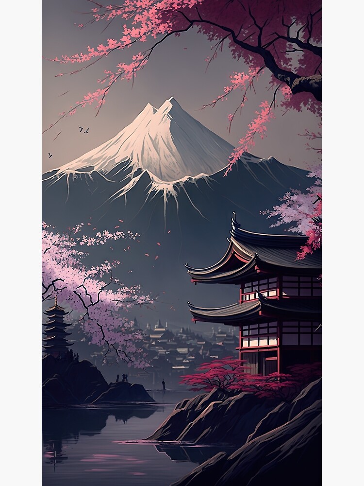 Japanese Landscape #6, Japanese Download, CreativArtifice Cherry Poster ink | Pagodas vertical brush, Blossoms Art, Mt by Sale Decor, for Digital print, Wall Printable\