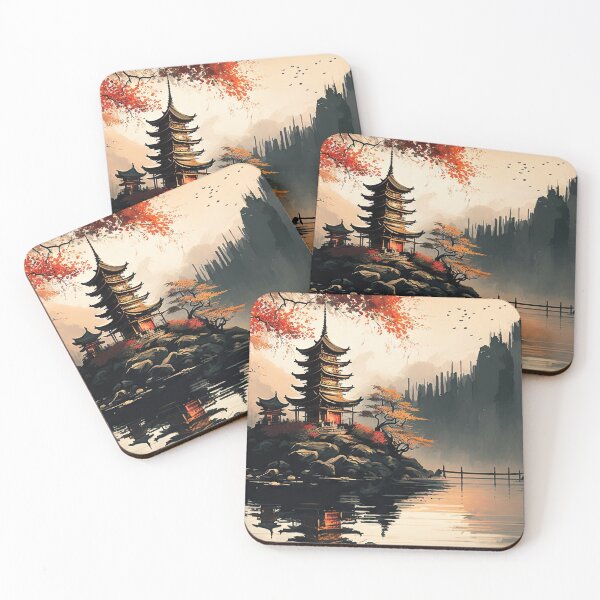 Item preview, Japanese Landscape Horizontal #1, Wall Art, Japanese horizontal print, Pagodas Cherry Blossoms and Mt Fuji, Japanese ink brush, Digital Download, Home Decor, Printable designed and sold by CreativArtifice.