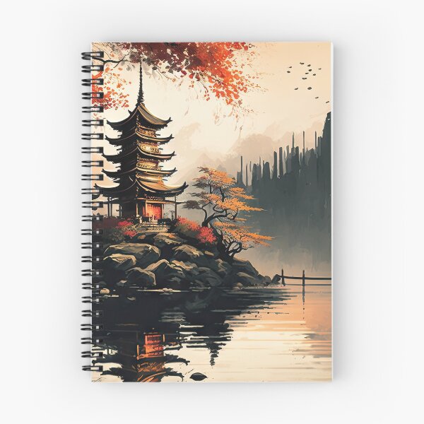 Item preview, Paisaje japonés Horizontal #1, Arte de pared, Impresión horizontal japonesa, Pagodas Flores de cerezo y Monte Fuji, Pincel de tinta japonesa, Descarga digital, Decoración del hogar, Imprimible designed and sold by CreativArtifice.