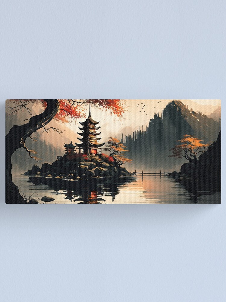 Japanese Landscape Horizontal #1, Wall Art, Japanese horizontal print,  Pagodas Cherry Blossoms and Mt Fuji, Japanese ink brush, Digital Download,  Home Decor, Printable