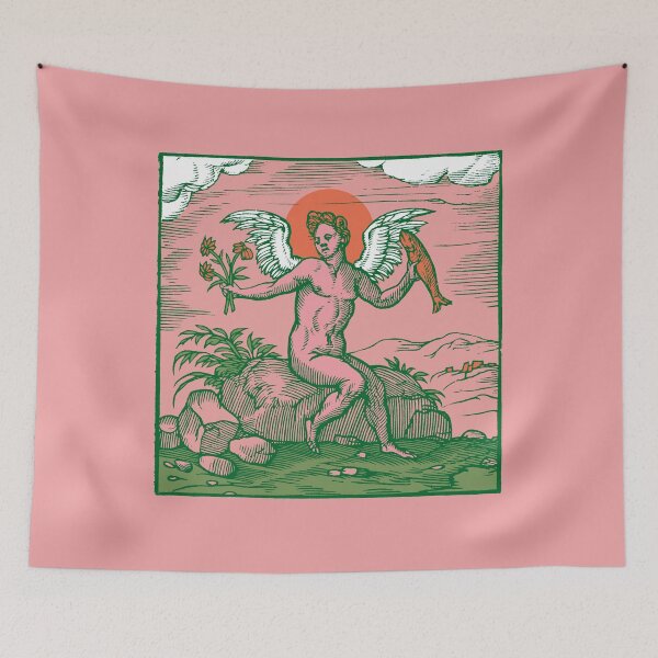 Item preview, Potentia Amoris Cupid woodcut - pink green designed and sold by Laraus.