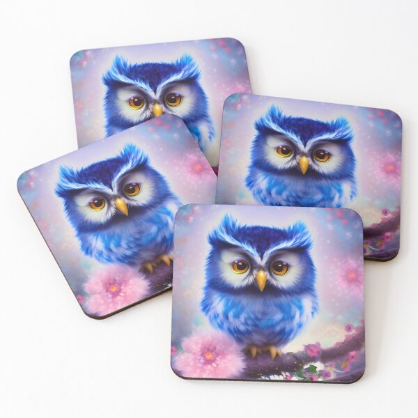 Item preview, Electric Blue Cute Owl with Pink Flowers AI Art designed and sold by Owlluminous.