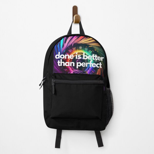 Item preview, Done is better than perfect White on Black entrepreneur Hypnotic, Anemoiacore, Glowwave, low angle, Houdini rendering, Lo-fi, game icon, rainbow colors, Maximalism designed and sold by EmprendeHoy.