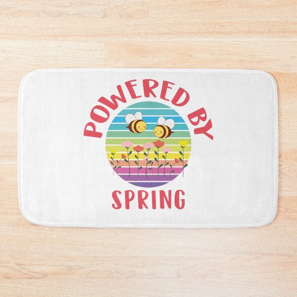Item preview, Powered by spring, with colorful retro-style circular background, a field full of colorful flowers and bees designed and sold by Sock Garden.