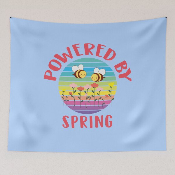 Item preview, Powered by spring, with colorful retro-style circular background, a field full of colorful flowers and bees designed and sold by Martapp.