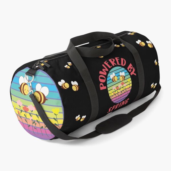 Item preview, Powered by spring, with colorful retro-style circular background, a field full of colorful flowers and bees designed and sold by Martapp.