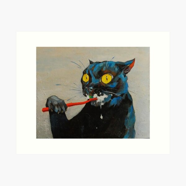cat brushing teeth Art Print