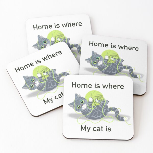 Item preview, Home is where my cat is, grey tabby cat with ball of wool on white designed and sold by QuirkyCatz.