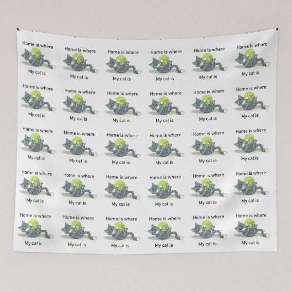 Item preview, Home is where my cat is, grey tabby cat with ball of wool on white designed and sold by QuirkyCatz.
