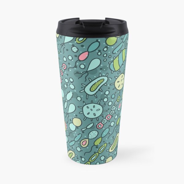 Microbes pattern. Bacteria design for biology lovers. Virus illustration. Travel Mug