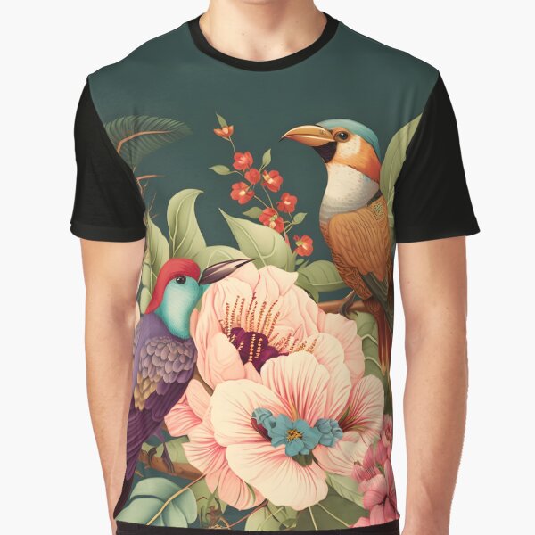 Botanical Art, Boho Exotica, Nature garden and bird in Green Background Graphic T-Shirt