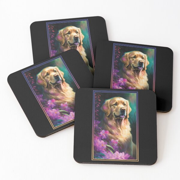 Artikelvorschau, Golden Retriever Dog Vibrant Tropical Flower Tall Digital Oil Painting Portrait entworfen und verkauft von arthouseflunky.