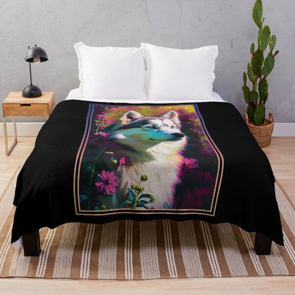 Artikelvorschau, Husky Dog Vibrant Tropical Flower Tall Digital Oil Painting Portrait  entworfen und verkauft von arthouseflunky.
