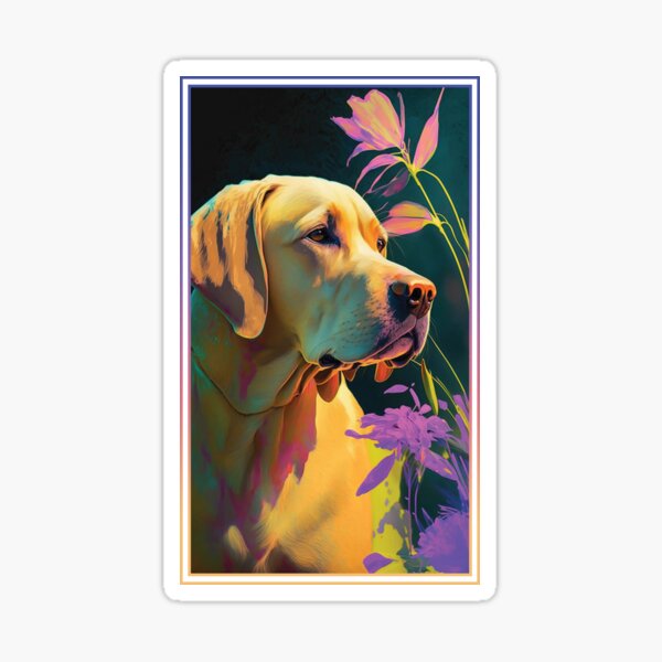 Labrador Retriever Dog Vibrant Tropical Flower Tall Digital Oil Painting Portrait Sticker
