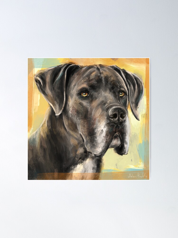 Close Up Painting of a Brown Great Dane on a Orange Yellow