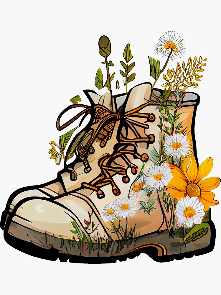 Wild flower hiking boots Sticker by Just66 Redbubble