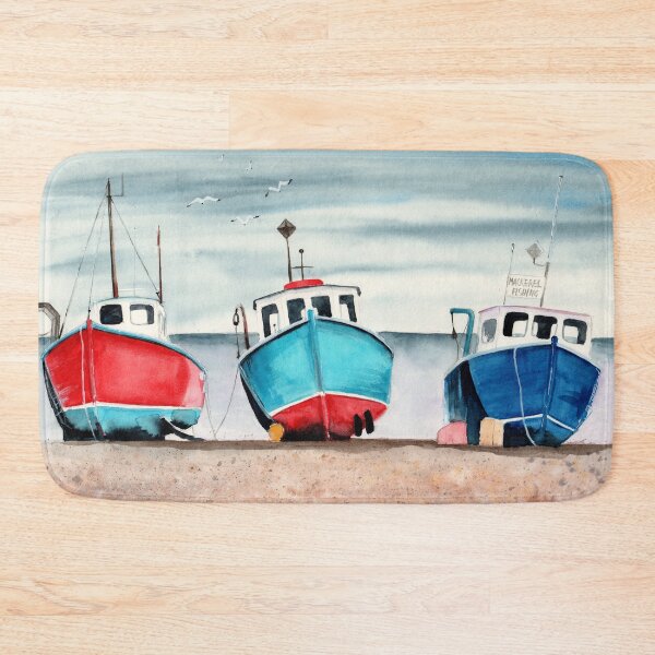 Item preview, Watercolor three colorful wooden fishing boats designed and sold by MaryWatercolor.