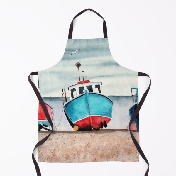 Item preview, Watercolor three colorful wooden fishing boats designed and sold by MaryWatercolor.