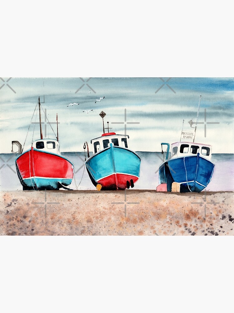 Watercolor three colorful wooden fishing boats | Poster
