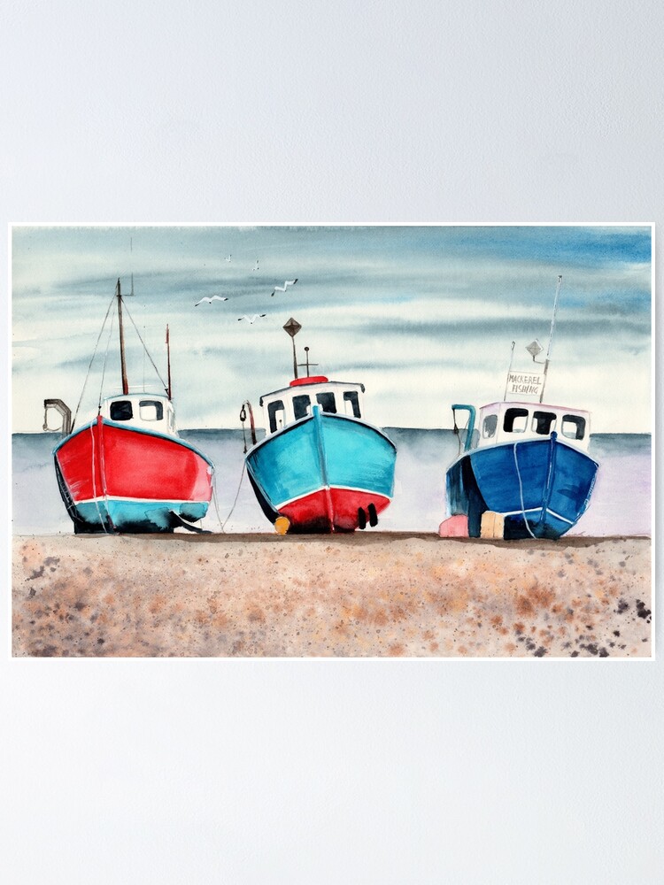 Watercolor three colorful wooden fishing boats Poster for Sale by  MaryWatercolor