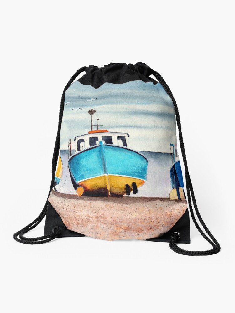 Watercolor three colorful fishing boats | Drawstring Bag