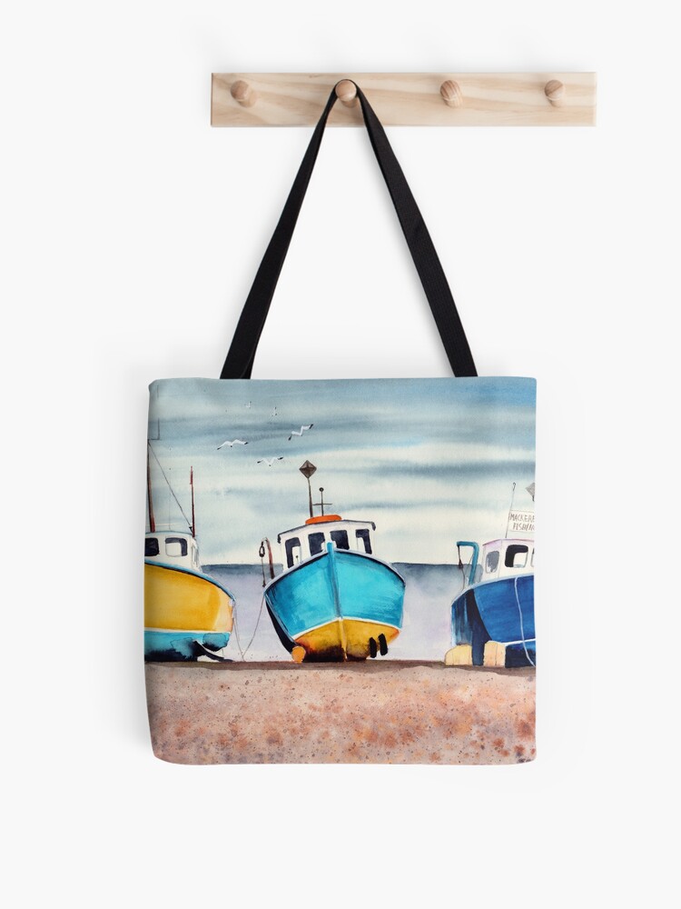 Watercolor three colorful fishing boats Tote Bag for Sale by  MaryWatercolor