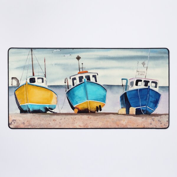 Watercolor three colorful wooden fishing boats Poster for Sale by