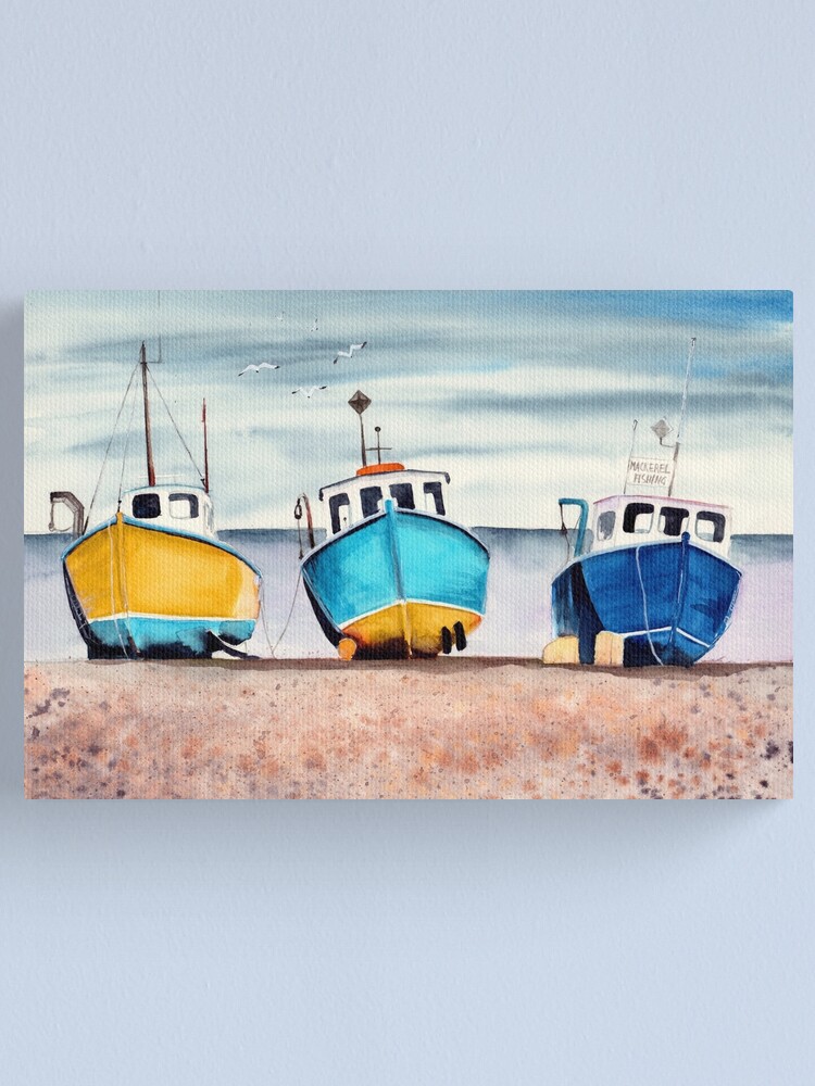 Watercolor three colorful fishing boats Canvas Print for Sale by