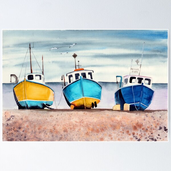 Watercolor three colorful wooden fishing boats Poster for Sale by