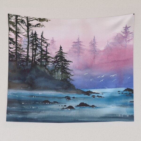 Item preview,  Watercolor misty river, distant forest and seagulls designed and sold by MaryWatercolor.