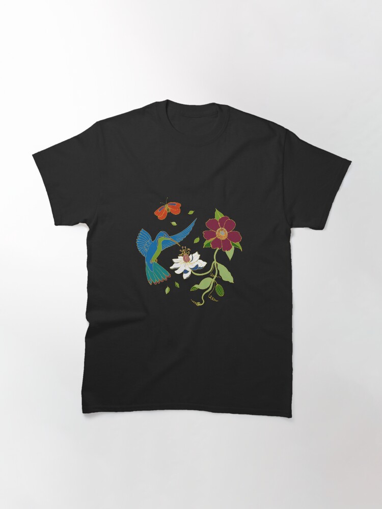 Thumbnail 3 of 7, Classic T-Shirt, Hummingbirds and Passionflowers - Cloisonne on Black - pretty floral bird pattern by Cecca Designs designed and sold by Cecca-Designs.