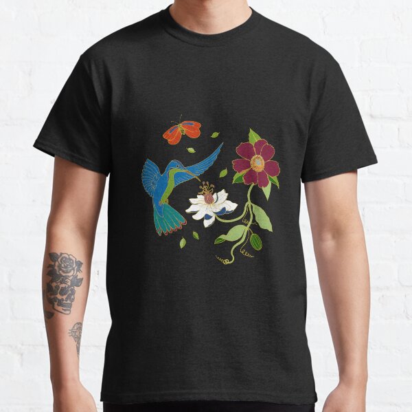 Hummingbirds and Passionflowers - Cloisonne on Black - pretty floral bird pattern by Cecca Designs Classic T-Shirt