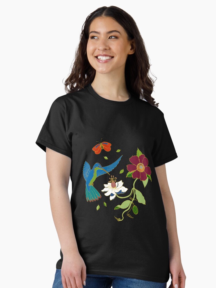 Thumbnail 1 of 7, Classic T-Shirt, Hummingbirds and Passionflowers - Cloisonne on Black - pretty floral bird pattern by Cecca Designs designed and sold by Cecca-Designs.