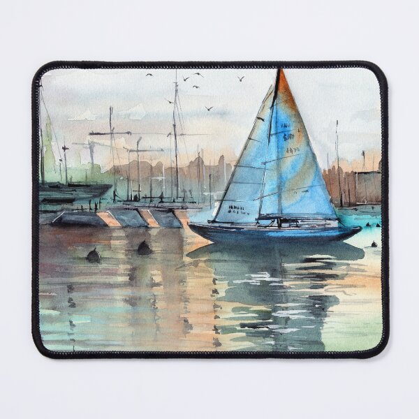 Item preview, Sailboat in a marina with blue sails designed and sold by MaryWatercolor.