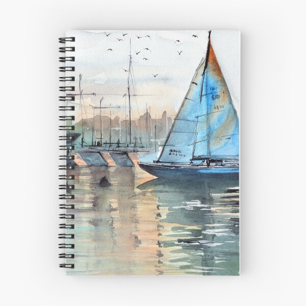 Item preview, Sailboat in a marina with blue sails designed and sold by MaryWatercolor.