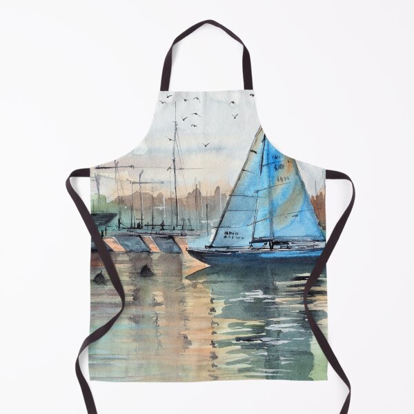 Item preview, Sailboat in a marina with blue sails designed and sold by MaryWatercolor.