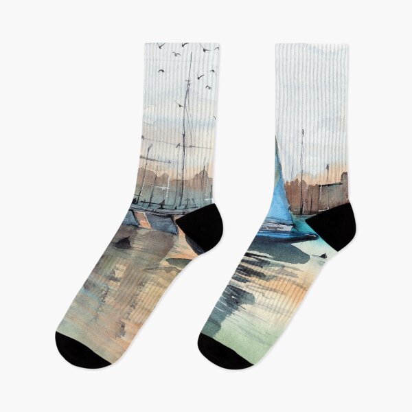 Item preview, Sailboat in a marina with blue sails designed and sold by MaryWatercolor.