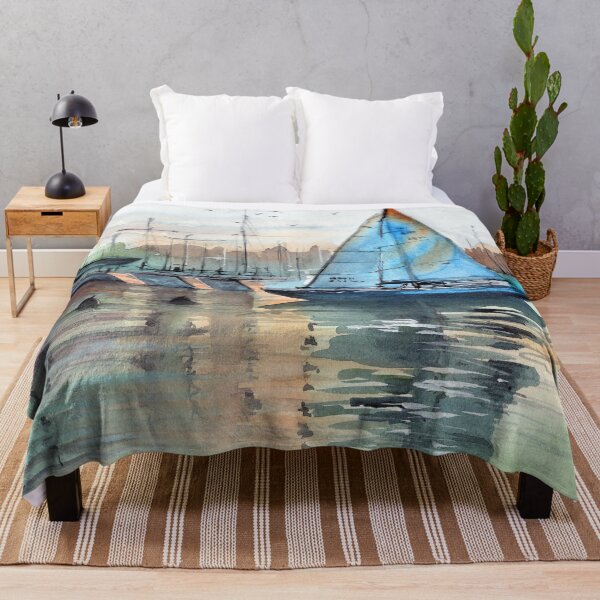 Item preview, Sailboat in a marina with blue sails designed and sold by MaryWatercolor.