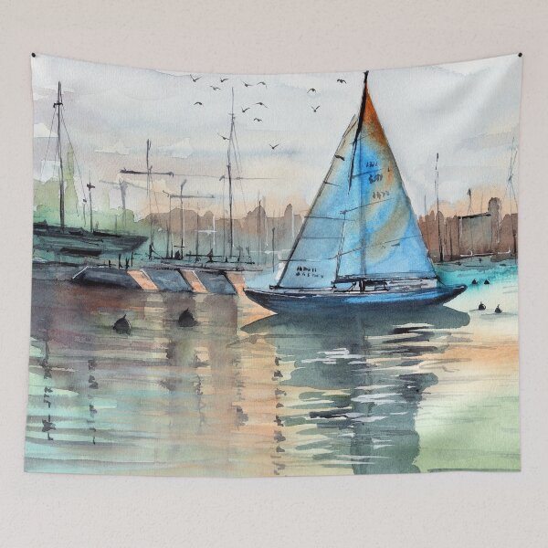 Item preview, Sailboat in a marina with blue sails designed and sold by MaryWatercolor.