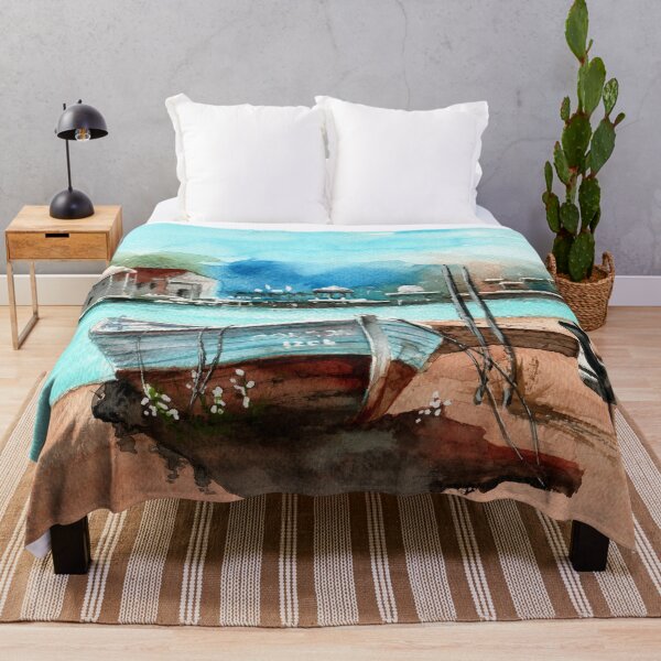 Item preview, Watercolor sandy beach with a blue fishing boat designed and sold by MaryWatercolor.