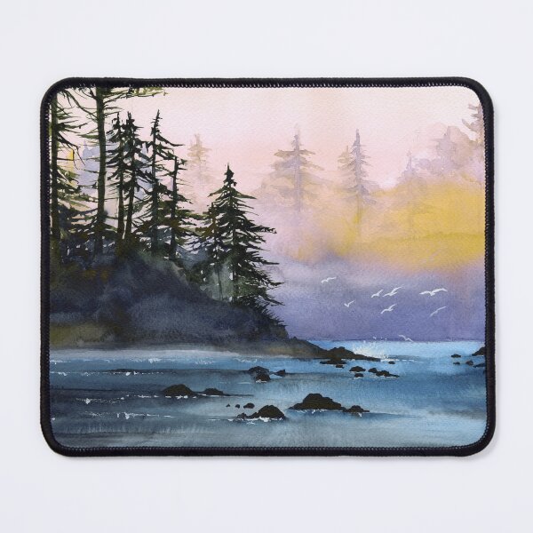 Item preview, Watercolor misty river, distant dark forest and seagulls designed and sold by MaryWatercolor.