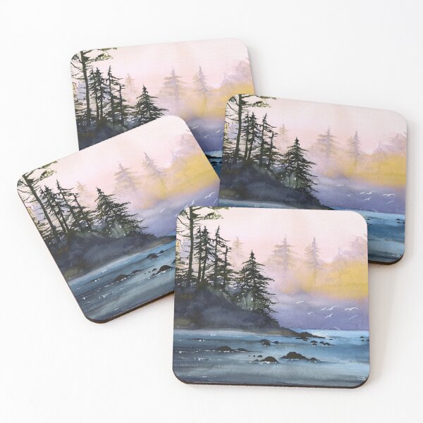 Item preview, Watercolor misty river, distant dark forest and seagulls designed and sold by MaryWatercolor.