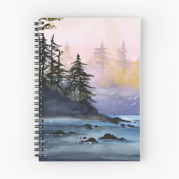 Item preview, Watercolor misty river, distant dark forest and seagulls designed and sold by MaryWatercolor.