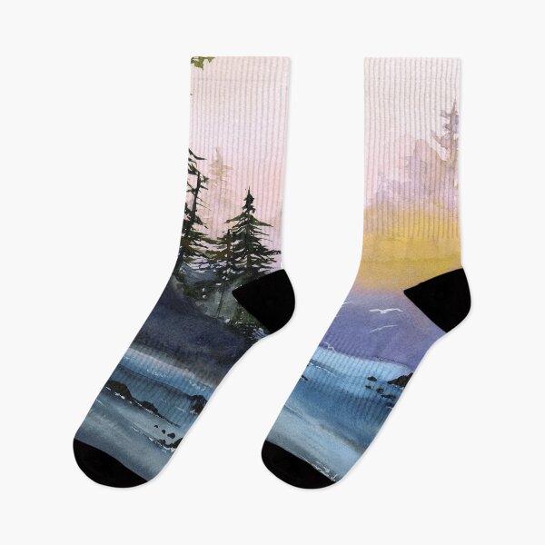 Item preview, Watercolor misty river, distant dark forest and seagulls designed and sold by MaryWatercolor.