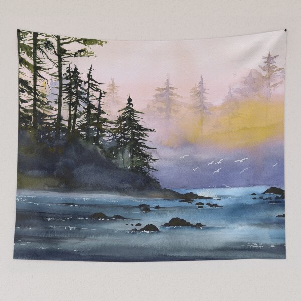 Item preview, Watercolor misty river, distant dark forest and seagulls designed and sold by MaryWatercolor.
