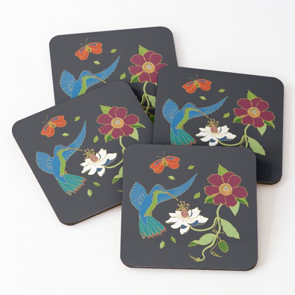 Item preview, Hummingbirds and Passionflowers - Small Scale Cloisonne on Black - pretty floral bird pattern by Cecca Designs designed and sold by Cecca-Designs.
