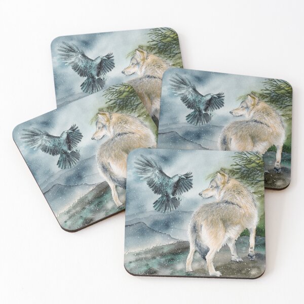 Item preview,  Watercolor picture of a wolf and a raven designed and sold by MaryWatercolor.